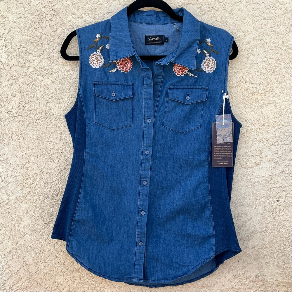 Cavalini Blue Denim Embroidered Sleeveless Top Western Boho Button Front NWT L - Picture 2 of 8